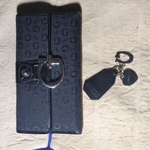 Guess Black Wallet with Silver Clasp And Guess Key Tags Now Only $25